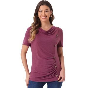 Cowl Neck Short Sleeve Button Decor Ruched Casual Basic T-Shirt Burgundy
